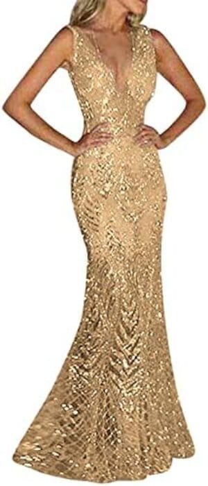 faweijlr Women Party Long Dress Womens Evening Dress Gold Prom Dress Bling Sequined Ladies Long Sleeveless Formal Wear
