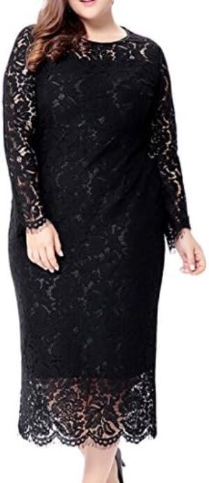 Eternatastic Women’s Floral Lace Long Sleeve Plus Size Lace Dress Black