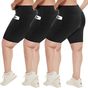 HLTPRO 3 Pack Plus Size Biker Shorts with Pockets for Women – High Waisted Spandex Athletic Bike Shorts for Yoga Workout