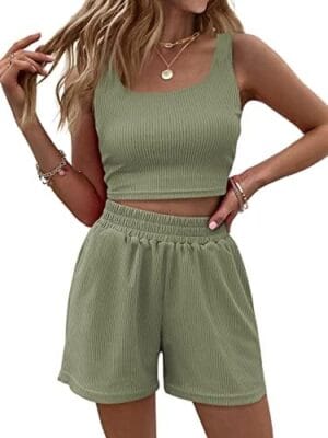 Trendy Queen Two Piece Outfits Women Summer Shorts Sets 2 Piece Sleeveless Matching Lounge Crop Top and High Waisted Shorts
