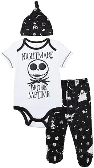 Disney Nightmare Before Christmas Baby Bodysuit Pants and Hat 3 Piece Outfit Set Newborn to Infant