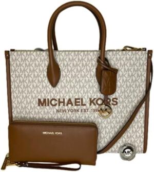 Michael Kors Mirella MD EW Logo Tote Bag bundled with Large Continental Wallet and Purse Hook