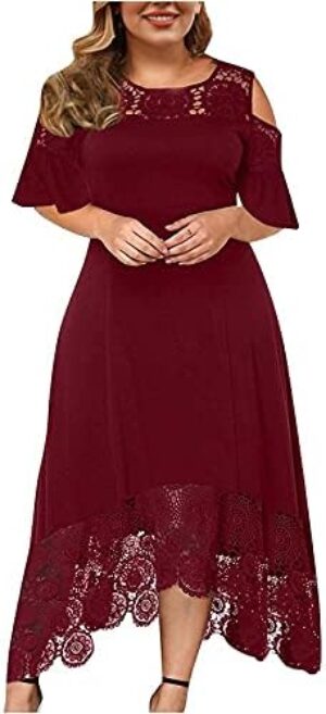 MOBCTG Plus Size Dresses for Women, Fashion Women’s Lace Stitching Ruffle Short-Sleeved Strapless Sheath Dress Women