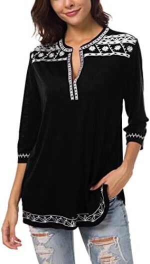 Women’s 3/4 Sleeve Boho Shirts Embroidered Peasant Top