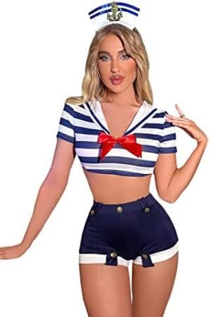 WDIRARA Women’s 3 Pieces Sailor Costume Cosplay Striped Crop Top with Shorts Lingerie Set