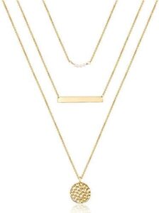 Turandoss Dainty Layered Choker Necklace, Handmade 14K Gold Plated Y Pendant Necklace Multilayer Bar Disc Necklace Adjustable Layering Choker Necklaces for Women