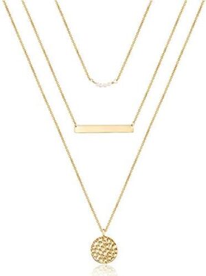 Turandoss Dainty Layered Choker Necklace, Handmade 14K Gold Plated Y Pendant Necklace Multilayer Bar Disc Necklace Adjustable Layering Choker Necklaces for Women