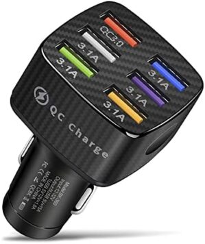 Amiss Car Charger Adapter, 6 USB Multi Port, Fast Charger, Include QC 3.0 and 5 Other Ports, Car Interior Accessories, Fit for iPhone 13/12/11/pro, Samsung Galaxy/Note S10/S9/S8, Android – Black