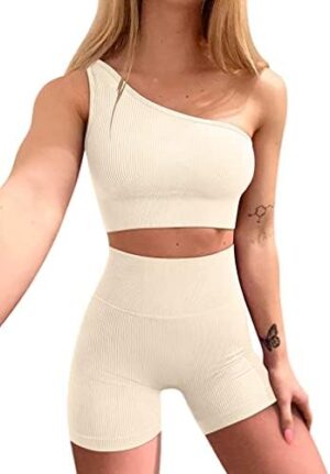 OQQ Workout Outfits for Women 2 Piece Ribbed One Shoulder High Waist Shorts With Sports Bra Exercise Set
