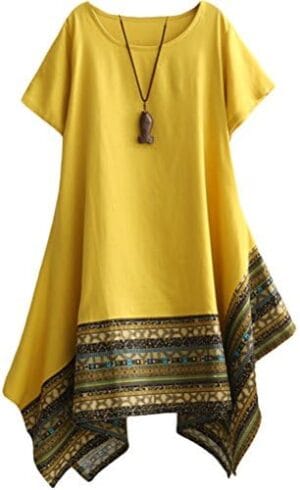 Minibee Women’s Ethnic Cotton Linen Short/Long Sleeves Irregular Dress