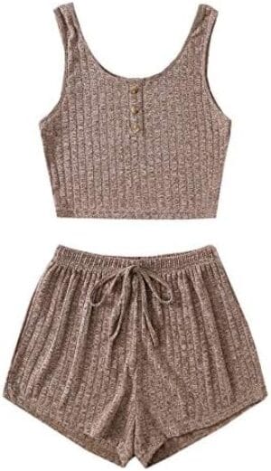 SOLY HUX Women’s Button Front Ribbed Knit Tank Top and Shorts Pajama Set Sleepwear Lounge Sets