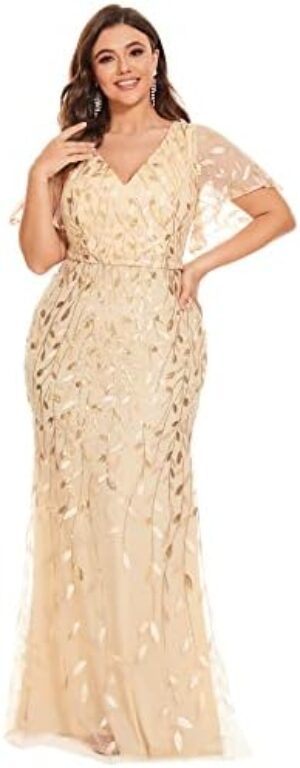 Ever-Pretty Women’s Gorgeous V-Neck Sparkly Embroidery Plus Size Sequin Evening Dress 0692-PZUSA