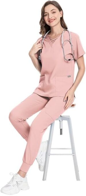 Women’s 2 Summer Piece Outfit Set Short Sleeve Scrub Tops and High Waisted Sweatpants with Pockets Workwear T-Shirts