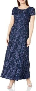 Alex Evenings Women’s Long Rosette Lace Cap Sleeve Gown