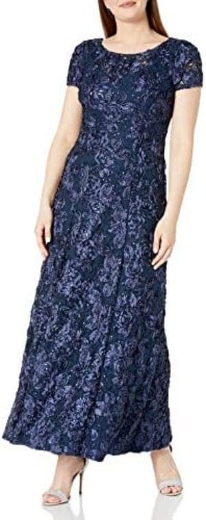 Alex Evenings Women’s Long Rosette Lace Cap Sleeve Gown