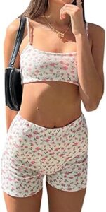 Newbgclo Women’s Two Pieces Knitted Outfit Sleeveless Straps Floral Print Cropped Tank Tops High Waist Short Sets Streetwear