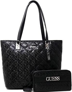 GUESS Womnes Logo Debossed Medium Tote Bag Handbag & Wallet Set – Black