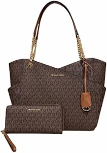 Michael Kors Jet Set Travel Large Chain Shoulder Tote Brown MK Signature Bundled with Michael Kors Jet Set Travel Continental Long Wallet Wristlet Brown