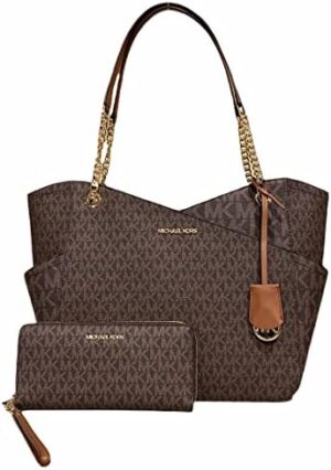 Michael Kors Jet Set Travel Large Chain Shoulder Tote Brown MK Signature Bundled with Michael Kors Jet Set Travel Continental Long Wallet Wristlet Brown
