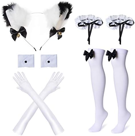 Anime French Maid Apron Lolita Fancy Dress Cosplay Costume Furry Cat Ear Gloves Socks Set(M) - Image 5