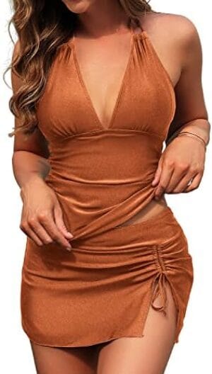 SuperPrity Women 3 Piece Tankini Swimsuits Halter Tummy Control Bathing Suits with Bikini Bottom Skirt(Available in Plus)