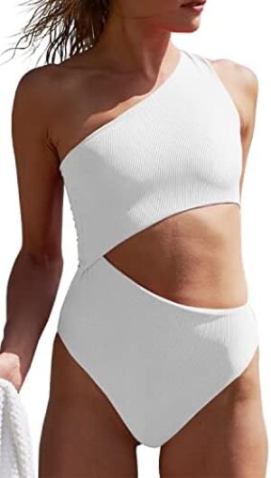 Women’s One Piece Ribbed Swimsuit One Shoulder Cutout Swimwear Sexy Bathing Suit