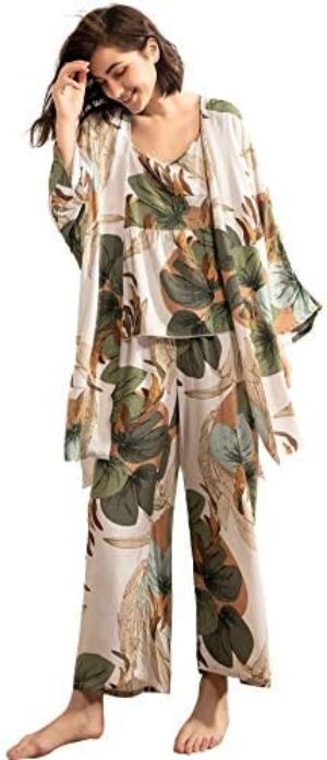 WDIRARA Women’s 3 pcs Sleepwear Leaf Print Cami and Pants Pajama Set with Robe