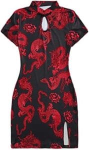 WDIRARA Women’s Plus Size Chinese Dragon Print Bodycon Cheongsam Split Mini Dress