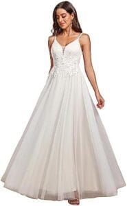 Ever-Pretty Women’s V-Neck Lace Spaghetti Straps Embroidered Ruched Tulle Wedding Dress 0124A