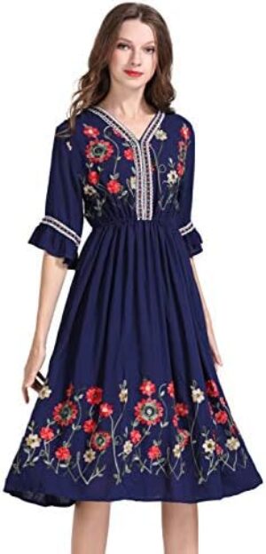 Shineflow Women’s Short Sleeve Mexican Embroidered Floral Pleated Midi A-line Cocktail Dress