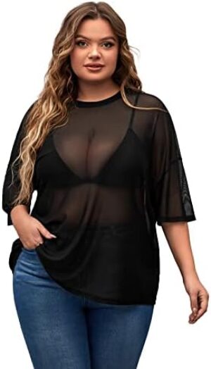 MakeMeChic Women’s Plus Size Glitter Sheer Mesh Short Sleeve Tee Shirt Top