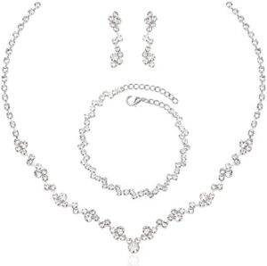 Aixiao Silver Necklace Earrings Bracelet Crystal Bridal Wedding Jewelry Sets for Brides Bridesmaid Prom Costume Accessories for Women