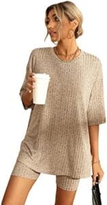 WDIRARA Women’s 2 Piece Outfits Ribbed Short Sleeve Drop Shoulder Tee and Shorts Set