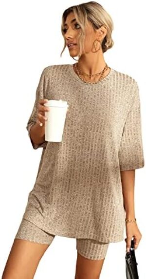 WDIRARA Women’s 2 Piece Outfits Ribbed Short Sleeve Drop Shoulder Tee and Shorts Set