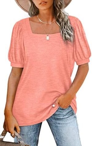 WIHOLL Womens Tops Square Neck Puff Short Sleeve Loose Fit Summer Shirts