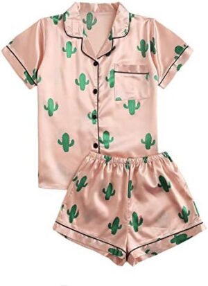 SweatyRocks Women’s Short Sleeve Sleepwear Button Down Satin 2 Piece Pajama Set