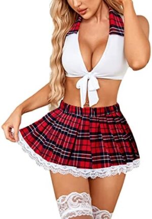 Avidlove Lingerie Set for Women Sexy Lace Two Piece Lingerie Outfits with Tie Top and Mini Pleated Skirt Set