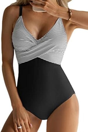 B2prity Women’s One Piece Swimsuits Tummy Control Front Cross Bathing Suits Slimming Swimsuit V Neck Swimwear Monokini