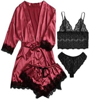 SOLY HUX Women’s Satin Pajama Set 4pcs Floral Lace Trim Cami Lingerie Sleepwear with Robe