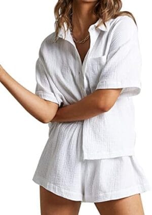 Women’s 2 Piece Outfits Track Suits Matching Sets Loungewear for Vacation Button Down Shirt and Shorts Set