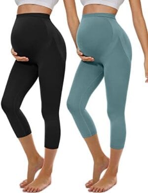 BLONGW 2 Pack Maternity Capri Leggings Over The Belly Pregnancy Yoga Pants Tights Active Wear Athletic Soft Workout Leggings