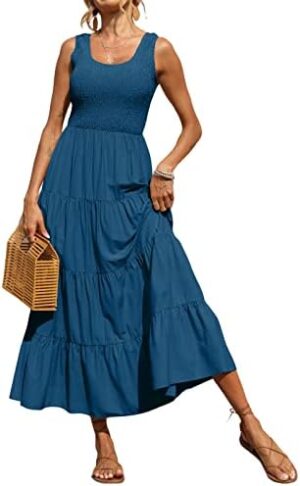 PRETTYGARDEN Women’s 2023 Casual Loose Plain Maxi Sundress Smocked Tank Dress Sleeveless Summer Beach Tiered Long Dresses