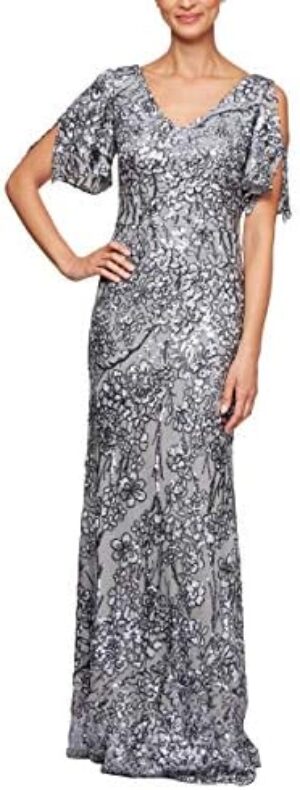 Alex Evenings Women’s Sequin Stretch Lace Cold Shoulder Gown