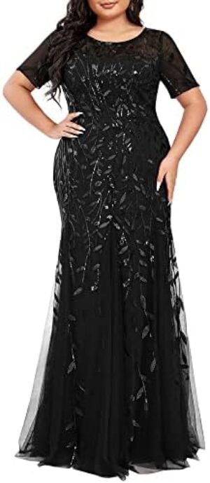 Ever-Pretty Women’s Plus Size Sequin Short Sleeves Embroidery Mermaid Maxi Evening Dress 07707-PZUSA