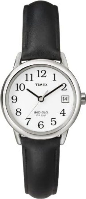 Timex Women’s T2H331 Indiglo Leather Strap Watch, Black/Silver-Tone/White