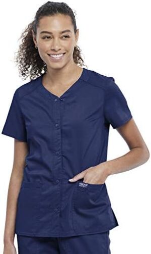 Cherokee Women Scrubs Top Workwear Revolution Snap Front V-Neck WW622
