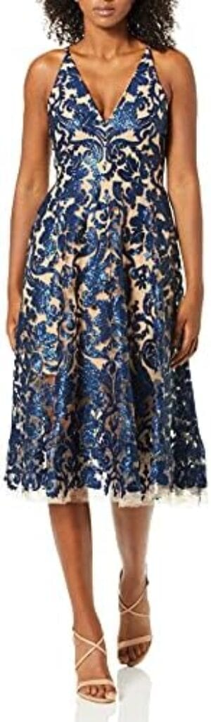 Dress the Population Women’s Blair Plunging Fit and Flare Midi Dress