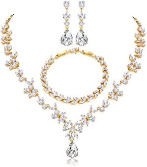 Hadskiss Jewelry Set for Women, Necklace Dangle Earrings Bracelet Set, White Gold Plated Jewelry Set with White AAA Cubic Zirconia, Allergy Free Wedding Party Jewelry for Bridal Bridesmaid