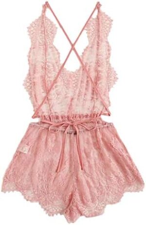 MakeMeChic Women’s Lace Teddy Lingerie Deep V Backless Sleeveless Romper Sleepwear
