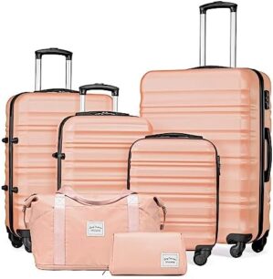 LONG VACATION Luggage Set 4 Piece Luggage Set ABS hardshell TSA Lock Spinner Wheels Luggage Carry on Suitcase (PINK, 6 piece set)
